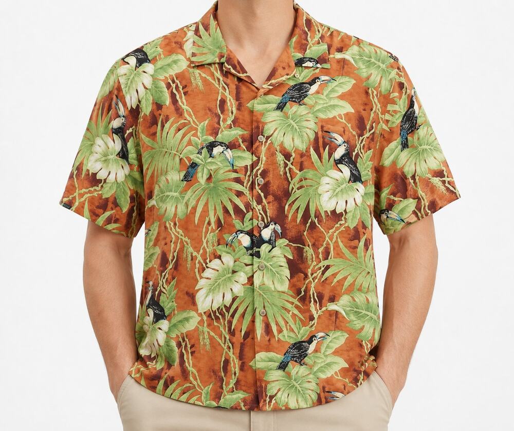 Pussers Island Reserve Shirt Men XL Orange Green Silk Hawaiian Classic Button-Up